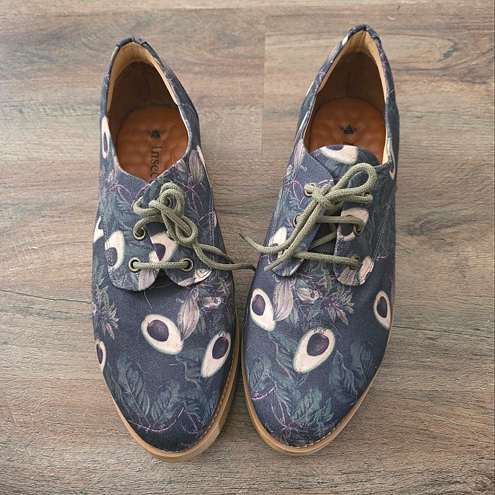 Oxfords Lace Up Shoes INSECTA Recycled Green Avocado Print Vegan Women's Size 10